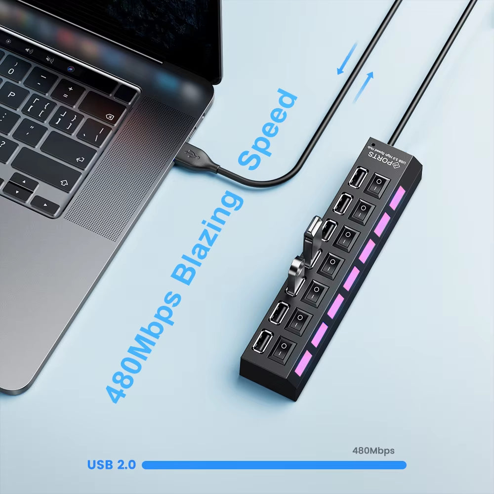 USB HUB USB Switch USB Hub 2.0 Adapter High Speed Multi 7 Ports Hub USB On/Off Switch Portable USB Splitter for Computer Laptop