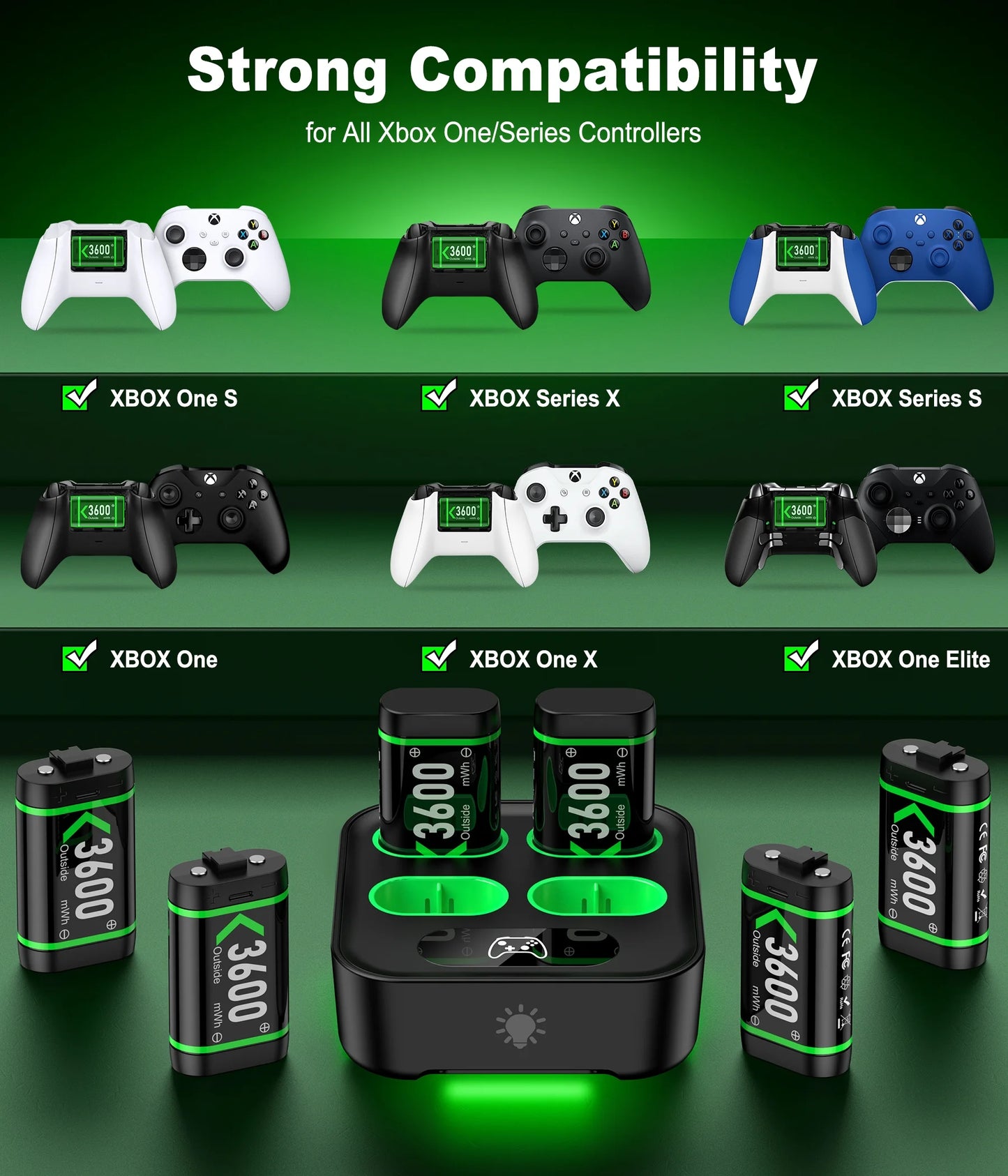 Xbox Controller Battery Pack for Xbox One/Xbox Series X|S, 6PCS 3600Mah Xbox Rechargeable Battery Packs & Xbox Charger Station for Xbox One/One S/One X/One Elite