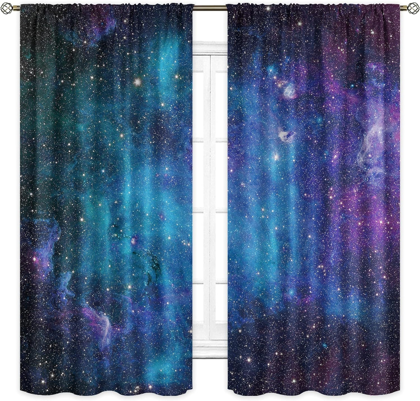 Kids Galaxy Outer Space Nebula Curtains 42W X 63L Inch Rod Pocket Blue Universe Planets Boys Girls Constellation Fantasy Starry Stars Trippy Bedroom Living Room Window Drapes Fabric 2 Panels