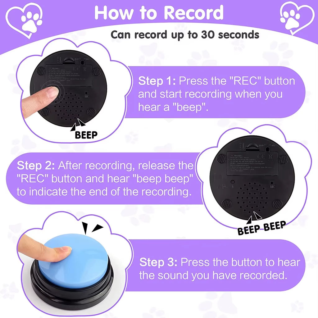 Talking Dog Buttons Funny Voice Recording Button for Pet Training Buzzer 30 Second Record Playback for Talking Communication Toy