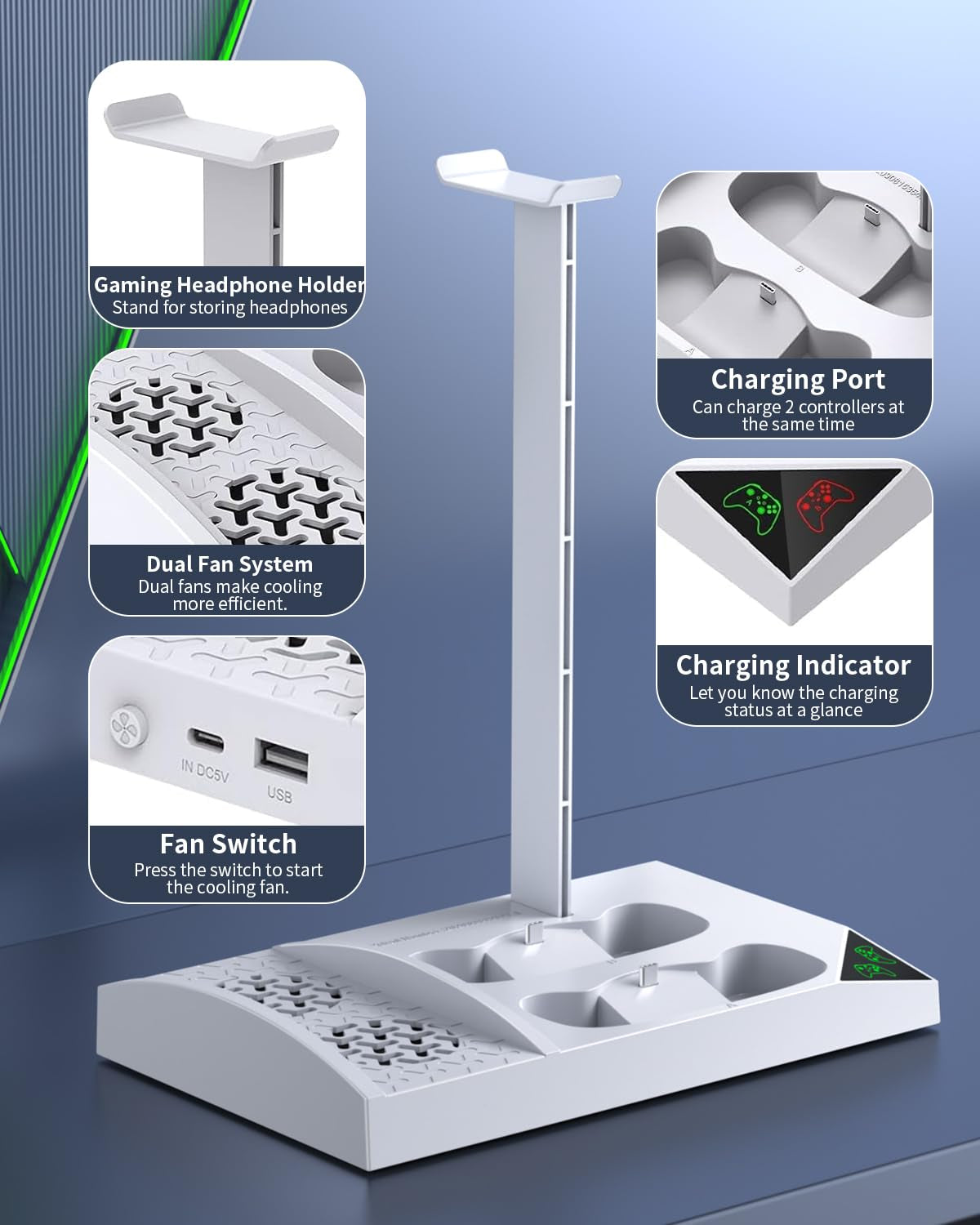 Charger Stand Cooling Fan for Xbox Series S Console/Controller,Dual Cooler System Charging Dock Accessories with 2*Rechargeable Battery,Earphone Mounts, Brackets&Stands for Xbox Series S Protectors