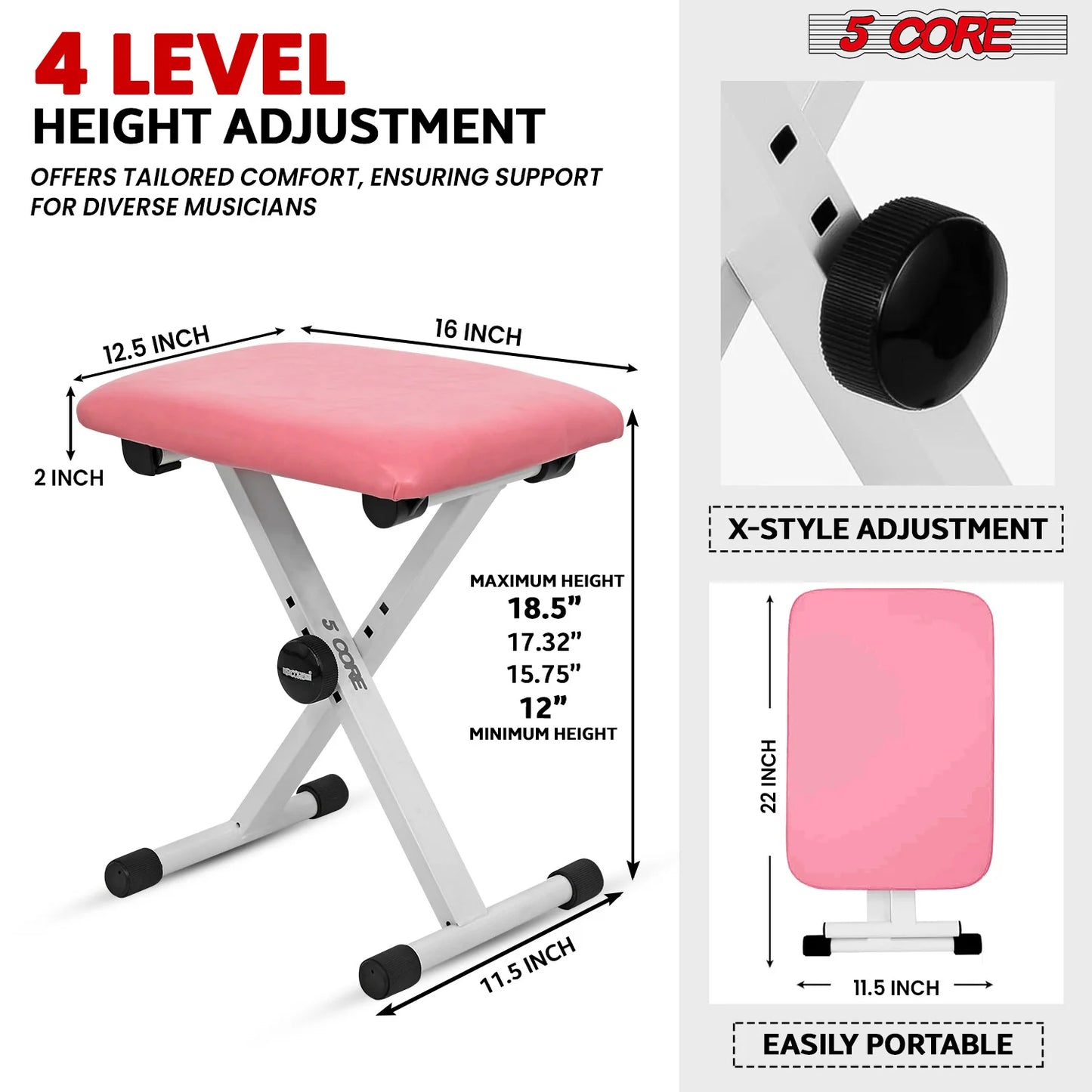 5Core Keyboard Stand Adjustable Z Style Piano Riser + Keyboard Piano Bench PINK