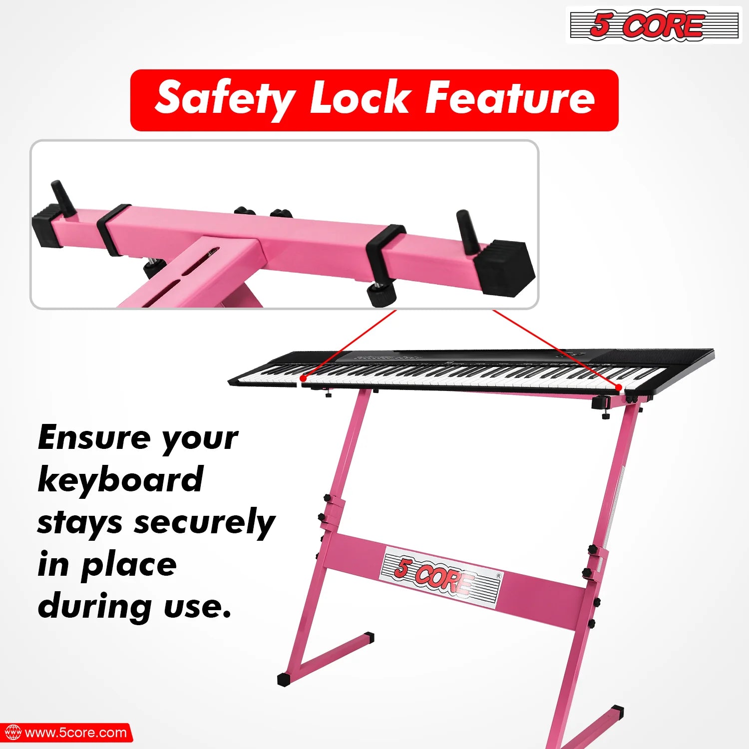 5Core Keyboard Stand Adjustable Z Style Piano Riser + Keyboard Piano Bench PINK