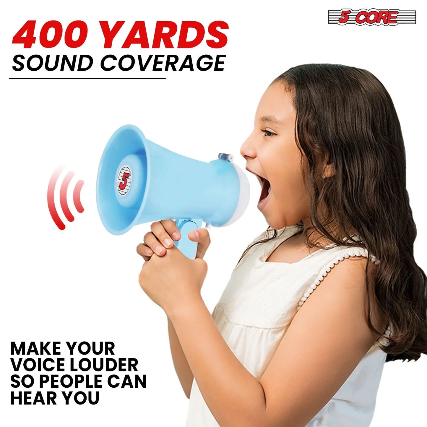 5 Core Megaphone Bullhorn Speaker 15W Mini Battery Power Bull Horn W Siren 400 Yard Range SKY BLUE