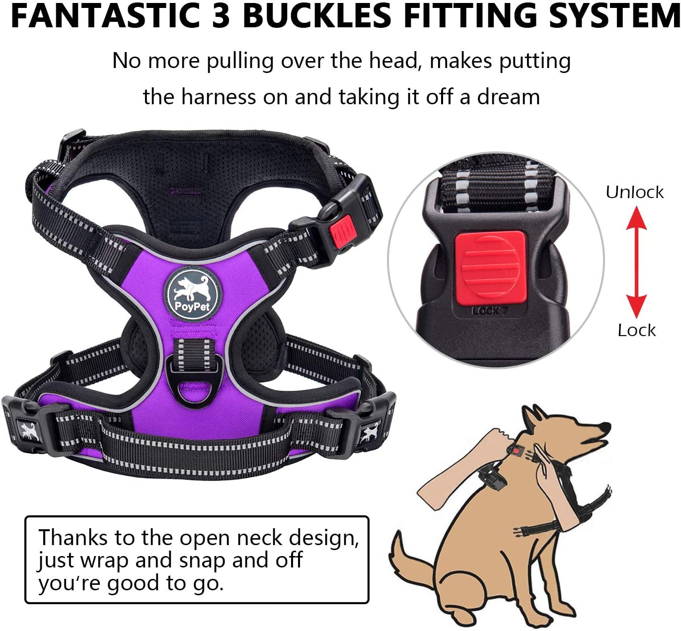 No Pull Dog Harness, No Choke Front Clip Dog Reflective Harness, Adjustable Soft Padded Pet Vest with Easy Control Handle for Small to Large Dogs(Purple,M)