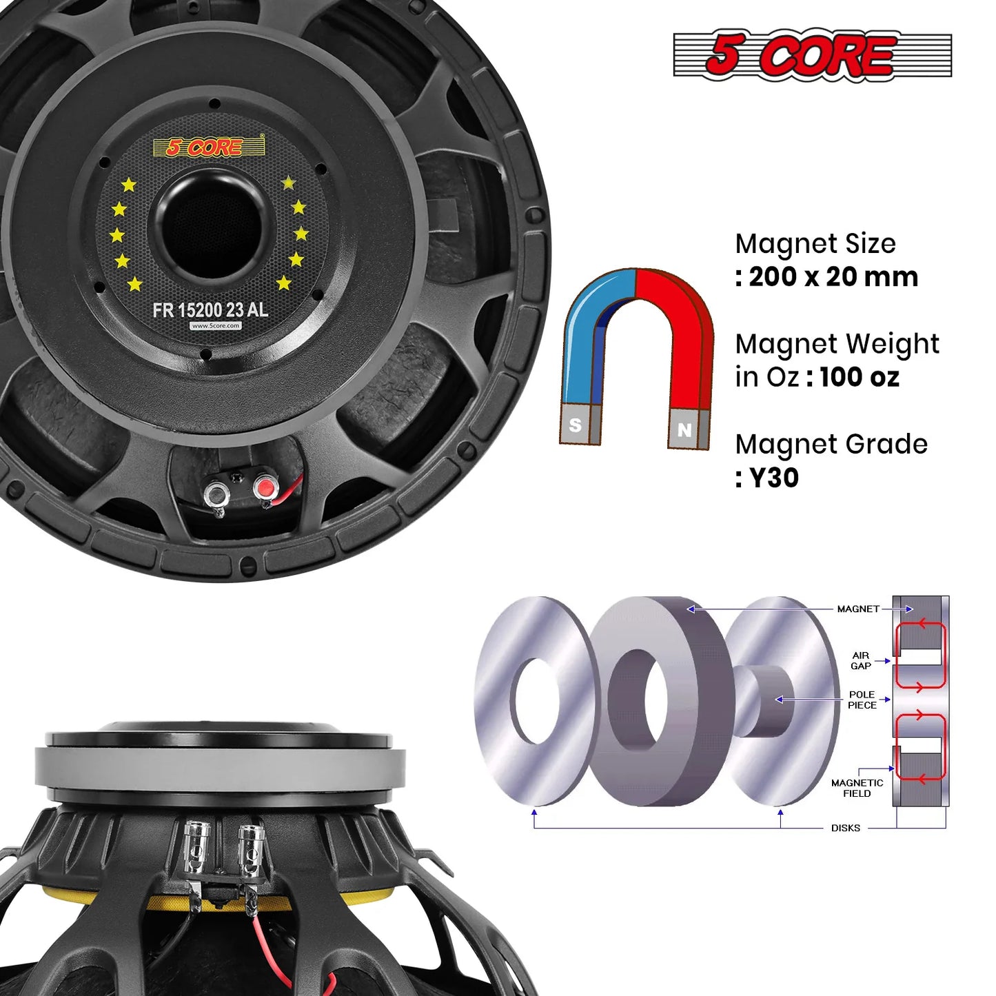 5Core 15 Inch Speaker 2000W Peak 8 Ohm Aluminum Frame Replacement DJ Sub Woofer