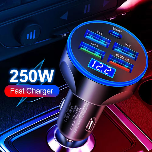 4Usb PD 250W Car Charger Type C Fast Charging Auto Mobile Phone Adapter for Iphone Samsung Huawei Xiaomi QC 3.0