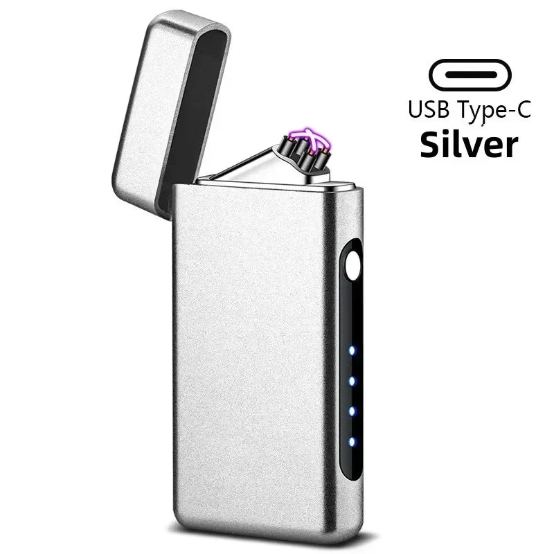 Windproof Double Arc Lighter Type-C USB Charging Lighter LED Power Display Pulse Plasma Outdoor Portable Men's Lighter