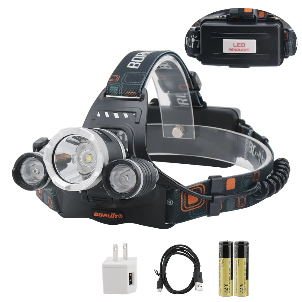 BORUiT RJ-3000 Powerful LED Headlamp 3000LM Type-C Rechargeable Headlight Waterproof Head Torch Fishing Hunting Lantern