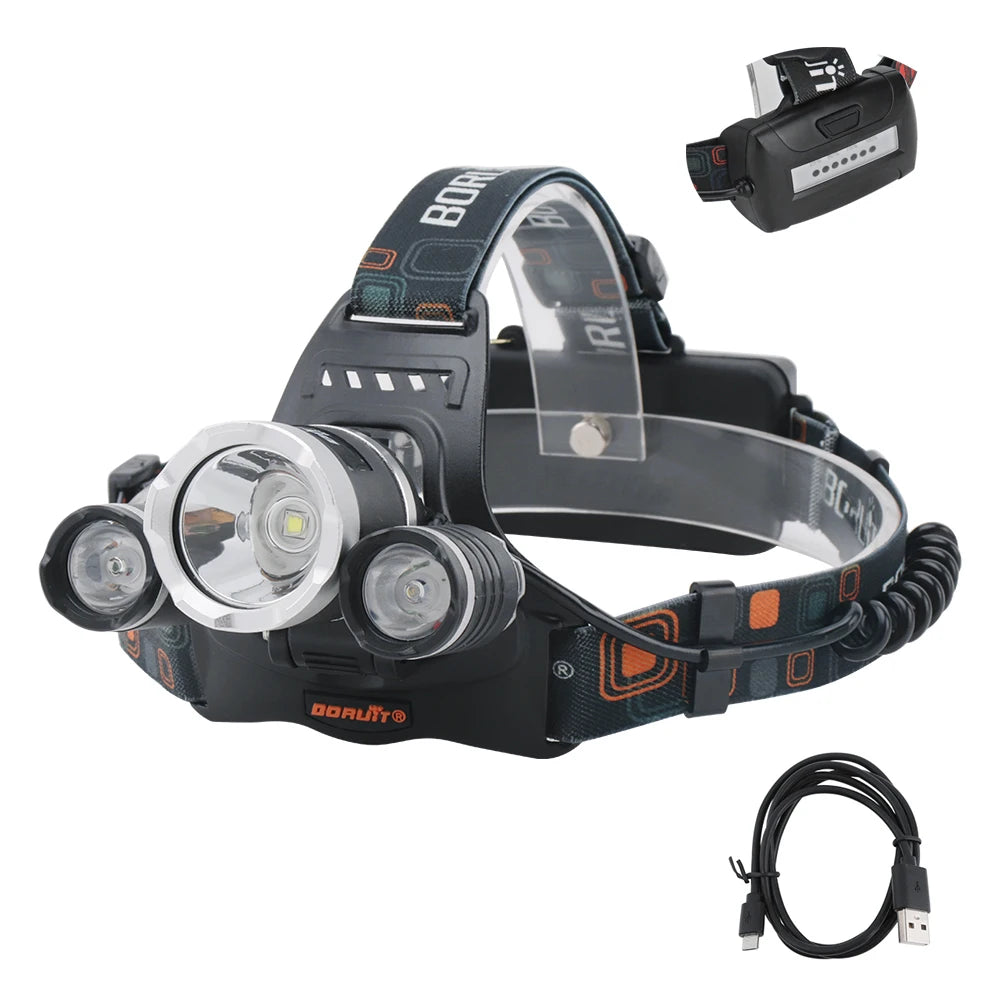 BORUiT RJ-3000 Powerful LED Headlamp 3000LM Type-C Rechargeable Headlight Waterproof Head Torch Fishing Hunting Lantern