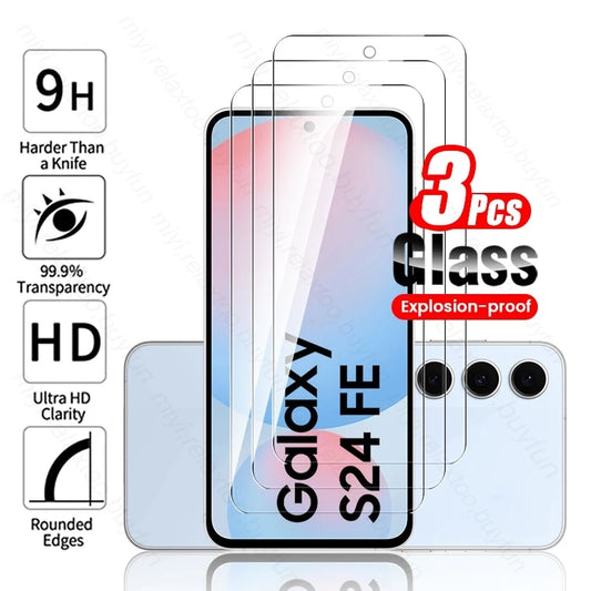 S24FE Cover 3Pcs Tempered Glass Screen Protector Case for Samsung Galaxy S24 FE 5G Protective Glass Samsun Sumsung S 24 FE 24FE