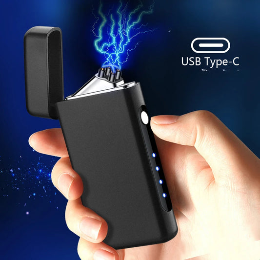 Windproof Double Arc Lighter Type-C USB Charging Lighter LED Power Display Pulse Plasma Outdoor Portable Men's Lighter