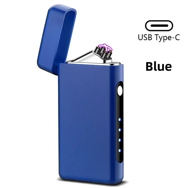 Windproof Double Arc Lighter Type-C USB Charging Lighter LED Power Display Pulse Plasma Outdoor Portable Men's Lighter