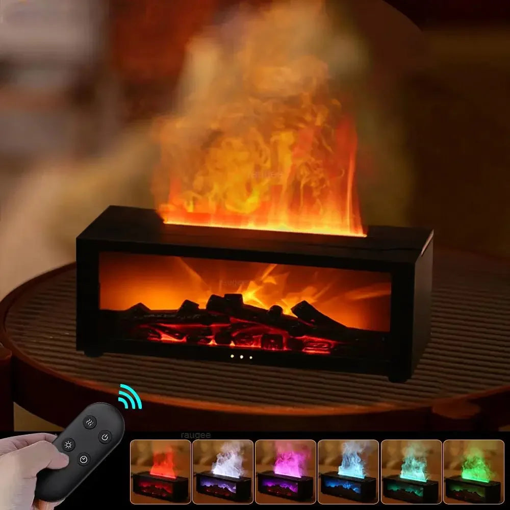 Air Humidifier Flame Fireplace Aromatherapy Machine Desktop Air Diffuser Essential Oil with Timed Colorful Light Remote Control