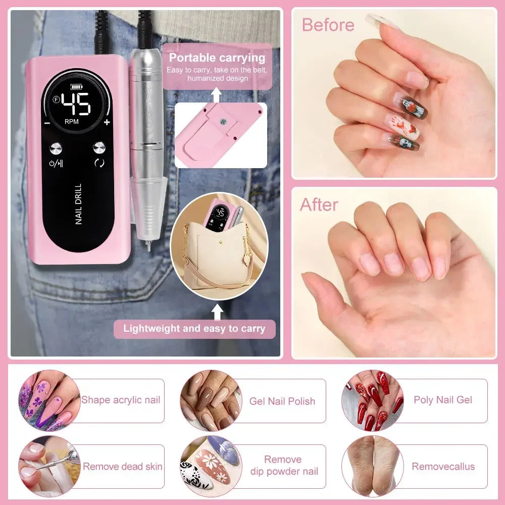 2024 Original 45000RPM Rechargeable Nail Drill Machine with LCD Low Noise Professional Nail Polish Sander Nails Accessories Set