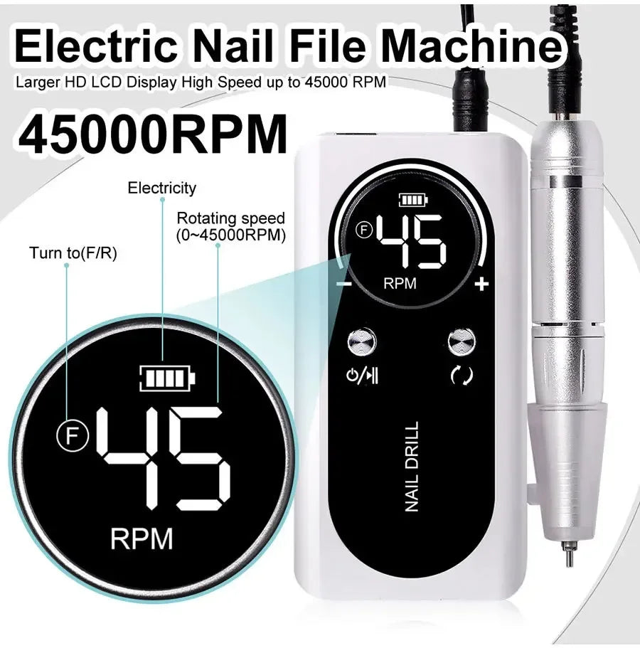 2024 Original 45000RPM Rechargeable Nail Drill Machine with LCD Low Noise Professional Nail Polish Sander Nails Accessories Set