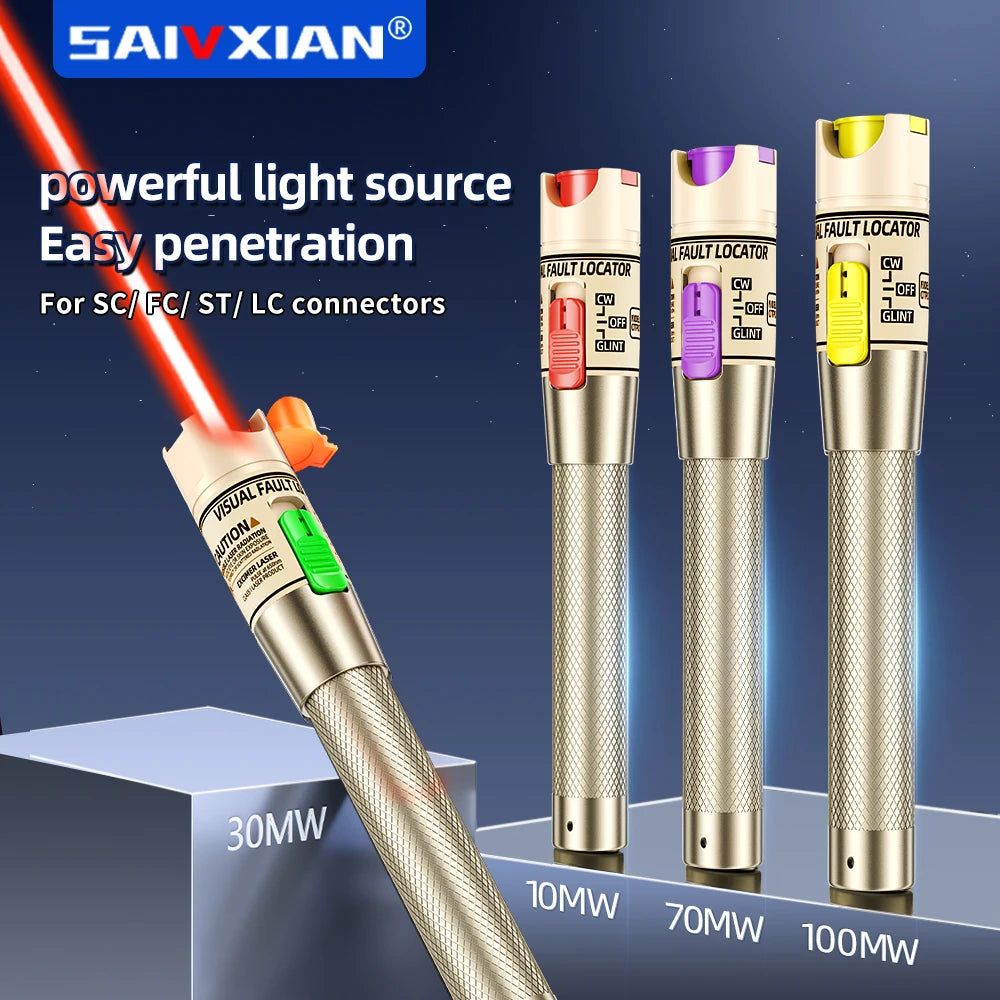 SAIVXIAN Visual Fault Locator 10/30/60/100mW Fiber Optic Cable Tester Pen SC/FC/ST 2.5mm Interface FTTH Optical Fiber Test Tool