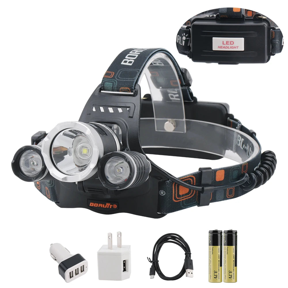 BORUiT RJ-3000 Powerful LED Headlamp 3000LM Type-C Rechargeable Headlight Waterproof Head Torch Fishing Hunting Lantern