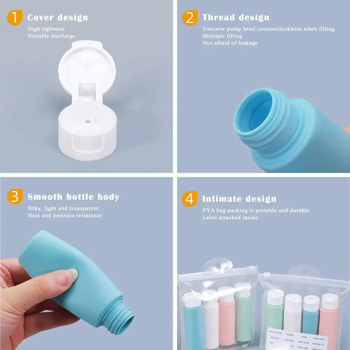 4-piece Silicone Leak Proof Toiletries, Packaged in Travel Bottles, Convenient to Carry on Business Trips