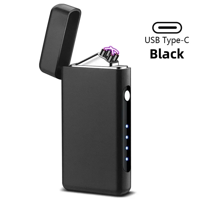 Windproof Double Arc Lighter Type-C USB Charging Lighter LED Power Display Pulse Plasma Outdoor Portable Men's Lighter