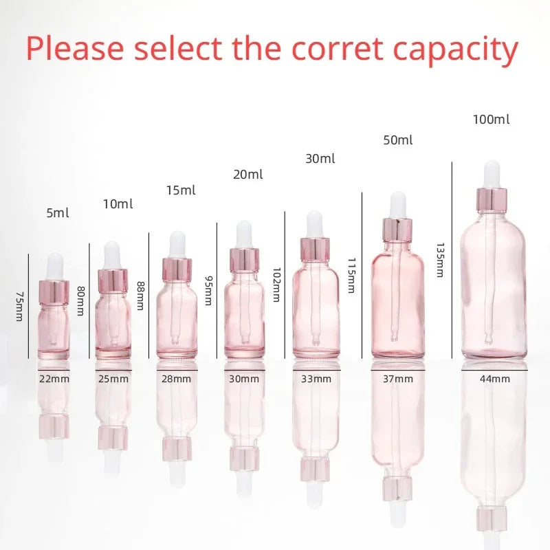 Dropper Bottles Refillable 5-100ML Rose Lid Cosmetic Container Pink Glass Aromatherapy Liquid for Essential Massage Oil Pipette