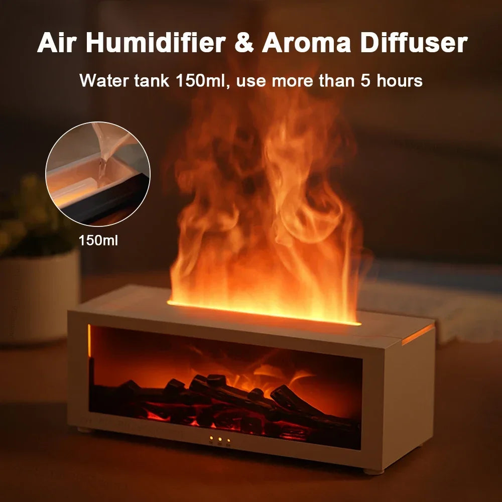 Air Humidifier Flame Fireplace Aromatherapy Machine Desktop Air Diffuser Essential Oil with Timed Colorful Light Remote Control