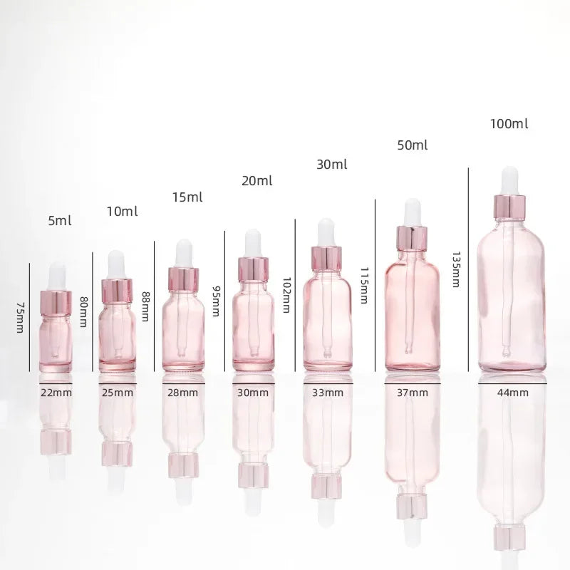 Dropper Bottles Refillable 5-100ML Rose Lid Cosmetic Container Pink Glass Aromatherapy Liquid for Essential Massage Oil Pipette