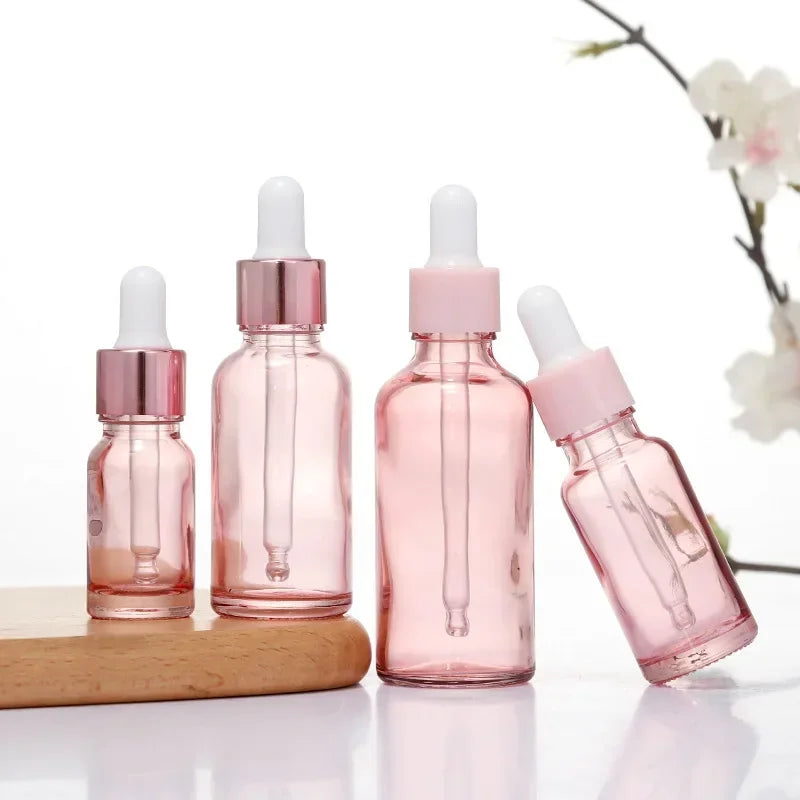 Dropper Bottles Refillable 5-100ML Rose Lid Cosmetic Container Pink Glass Aromatherapy Liquid for Essential Massage Oil Pipette