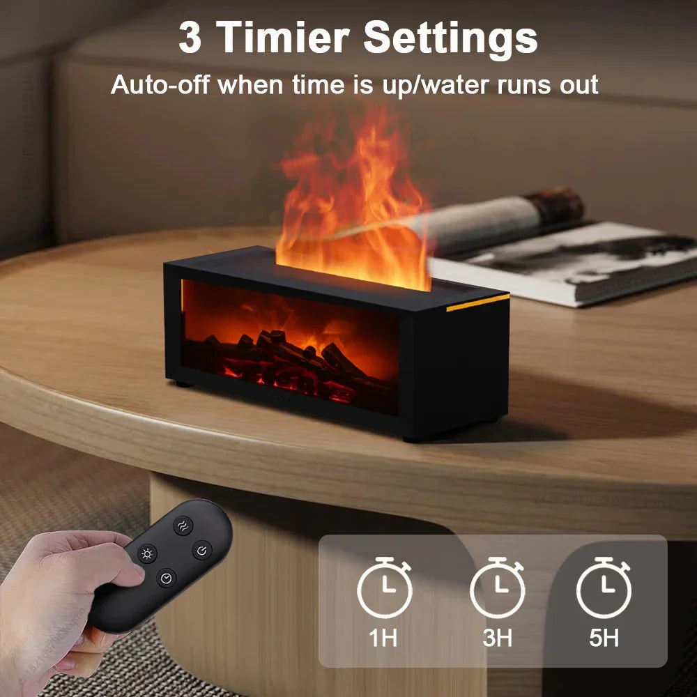 Air Humidifier Flame Fireplace Aromatherapy Machine Desktop Air Diffuser Essential Oil with Timed Colorful Light Remote Control