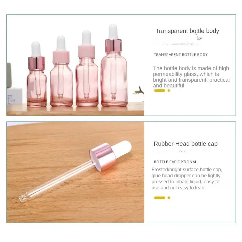 Dropper Bottles Refillable 5-100ML Rose Lid Cosmetic Container Pink Glass Aromatherapy Liquid for Essential Massage Oil Pipette