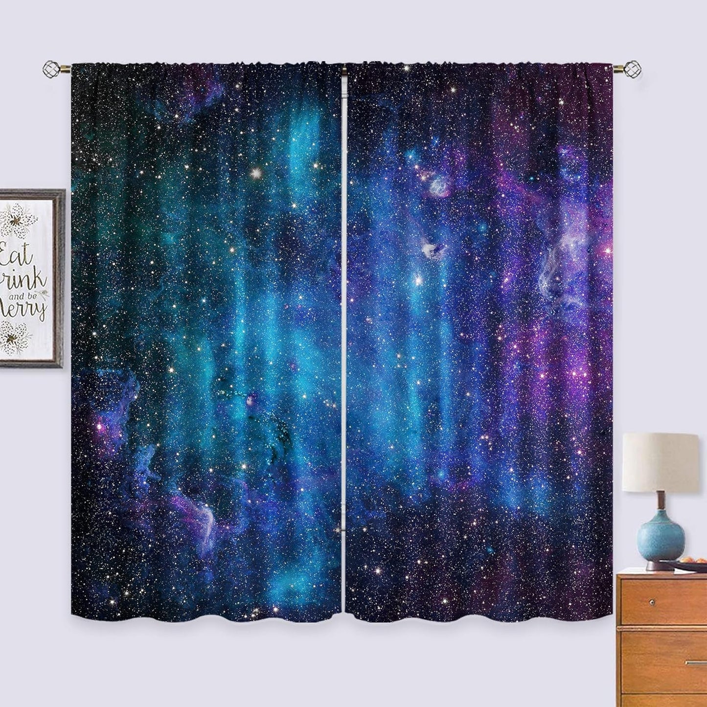 Kids Galaxy Outer Space Nebula Curtains 42W X 63L Inch Rod Pocket Blue Universe Planets Boys Girls Constellation Fantasy Starry Stars Trippy Bedroom Living Room Window Drapes Fabric 2 Panels