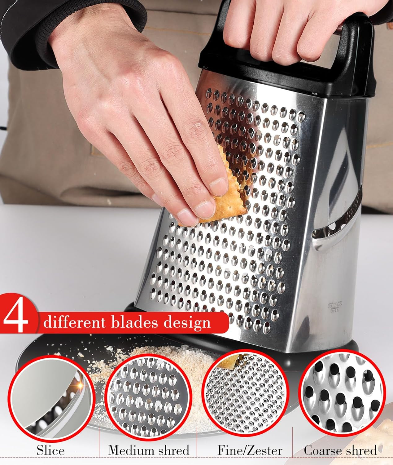 Cheese Grater with Handle, Stainless Steel Box Grater, 4 Side Kitchen Vegetable Shredder Slicer Zester with Container for Parmesan, Cabbage, Ginger, Lemon, Chocolate, Coconut (Black)