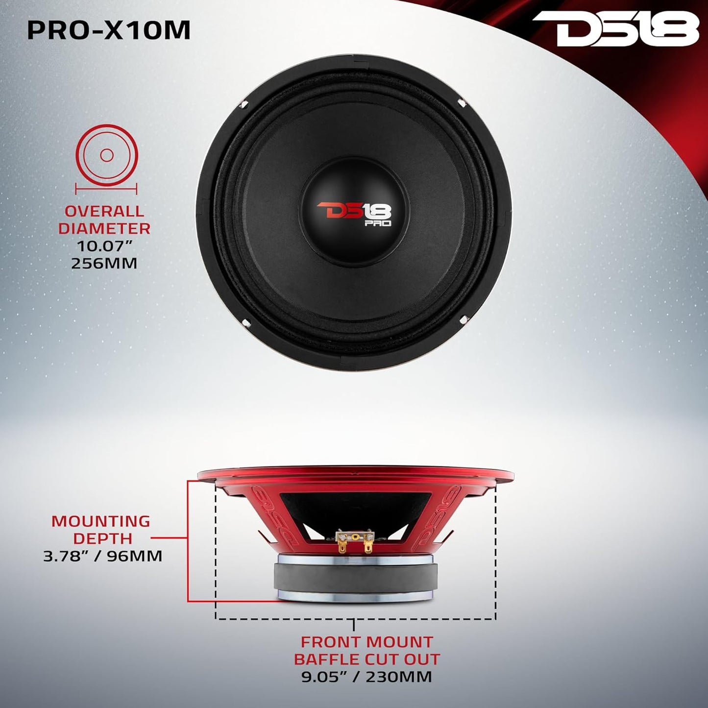 PRO-X10M Loudspeaker - 10", Midrange, Red Steel Basket, 600W Max, 300W RMS, 8 Ohms - Premium Quality Audio Door Speakers for Car or Truck Stereo Sound System (1 Speaker), Classic