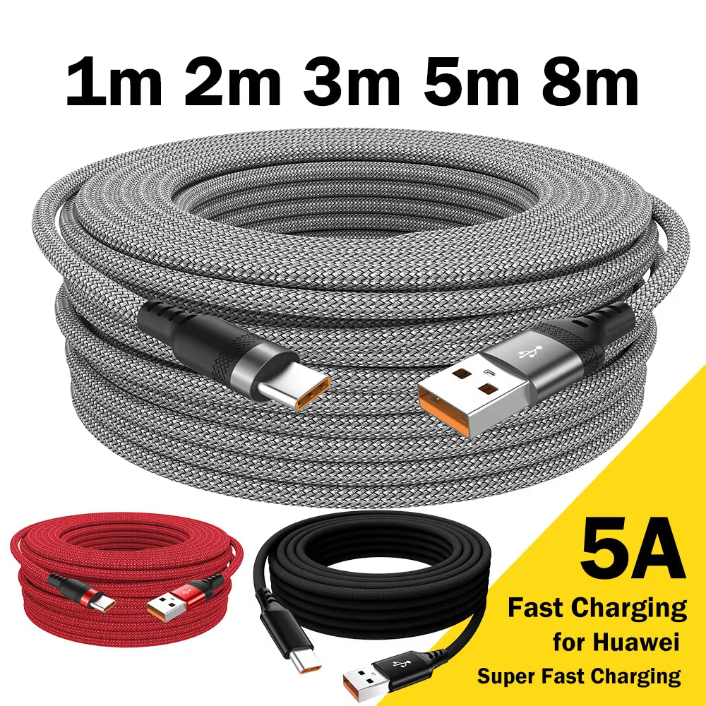 USB TYPE C Cable 5A Super Fast Charge Cable for Huawei 3M 5M 8M USB C Extension Cable for Samsung Xiaomi Oppo Oneplus Universal