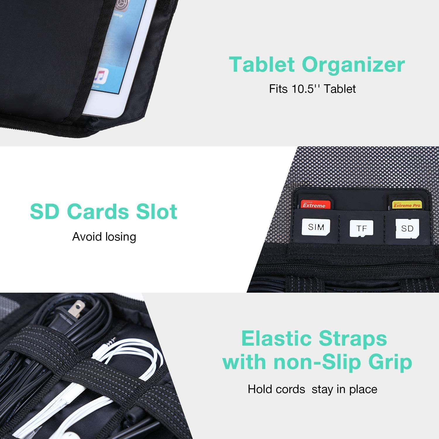 Electronic Organizer,  Accessories Organizer Travel Double Layer Electronics Bag Large for 10.5 Inch Ipad Pro, Adapter, Cables, Black