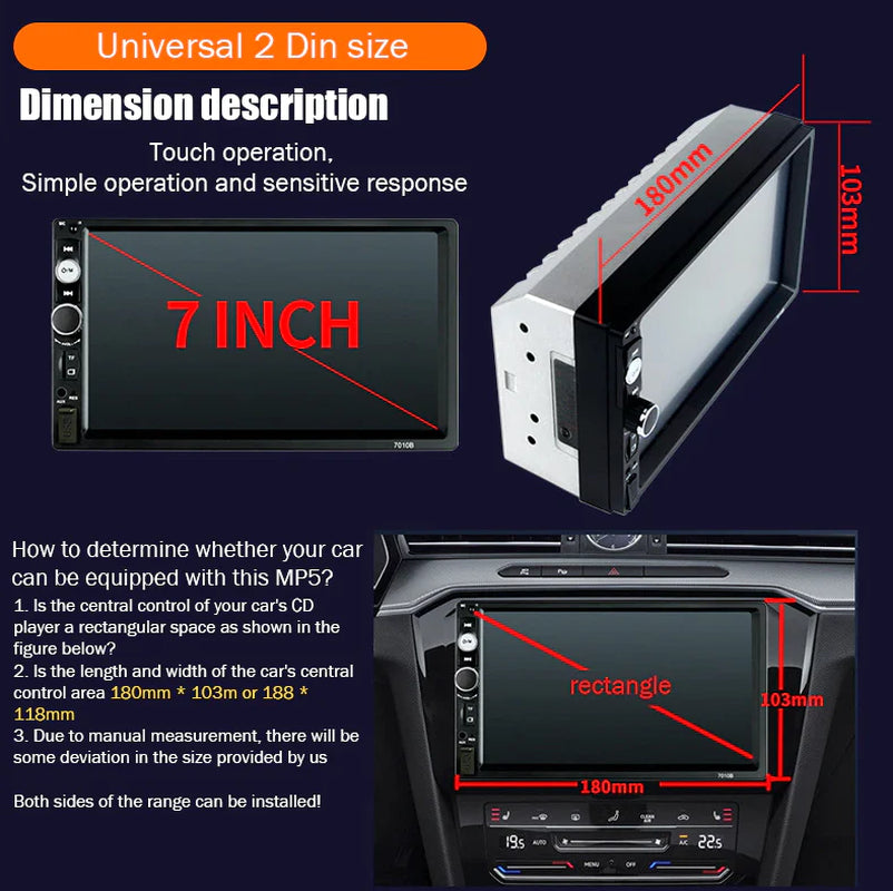 7" Double 2 DIN Car MP5 Player Bluetooth Touch Screen Stereo Radio with Camera