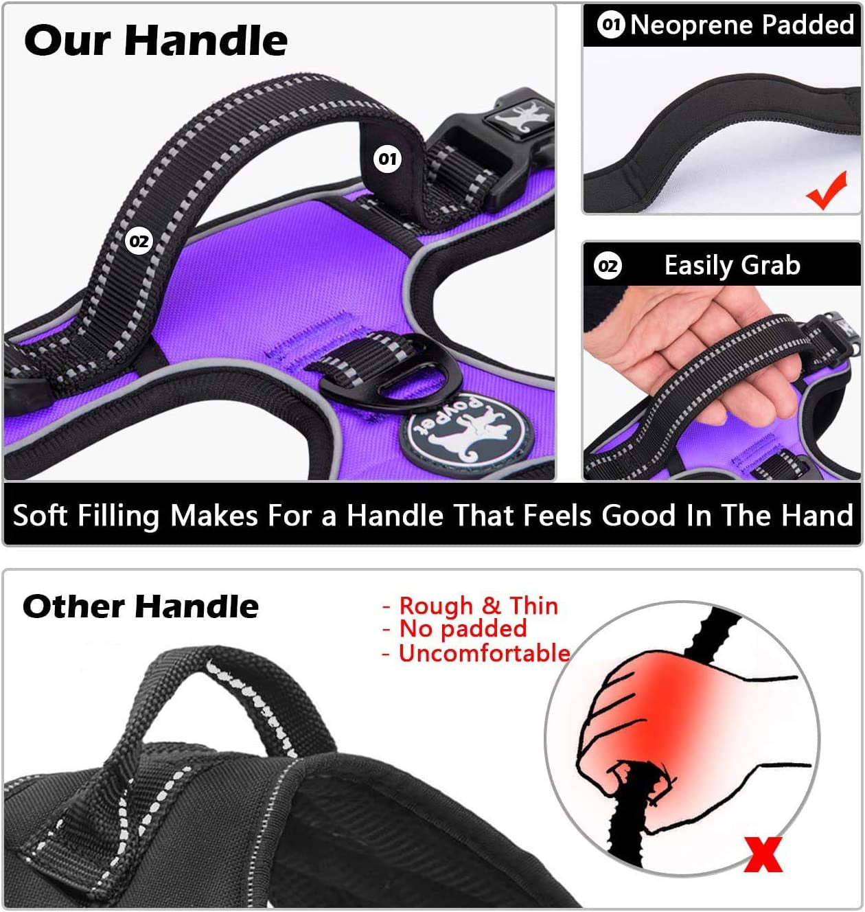 No Pull Dog Harness, No Choke Front Clip Dog Reflective Harness, Adjustable Soft Padded Pet Vest with Easy Control Handle for Small to Large Dogs(Purple,M)