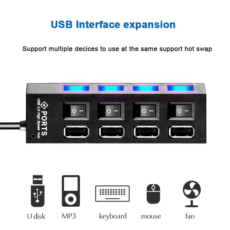 USB HUB USB Switch USB Hub 2.0 Adapter High Speed Multi 7 Ports Hub USB On/Off Switch Portable USB Splitter for Computer Laptop