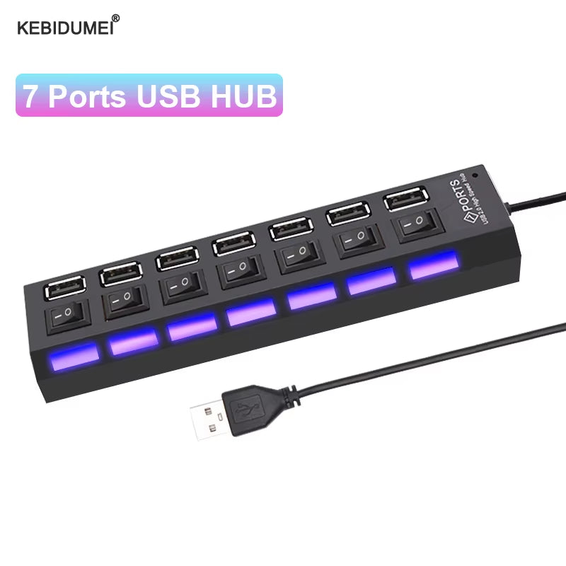 USB HUB USB Switch USB Hub 2.0 Adapter High Speed Multi 7 Ports Hub USB On/Off Switch Portable USB Splitter for Computer Laptop