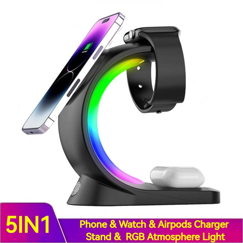 4 in 1 Magnetic Wireless Charger Fast Charging for Smart Phone Atmosphere Light Charging Station for Airpods Pro I-Phone Watch