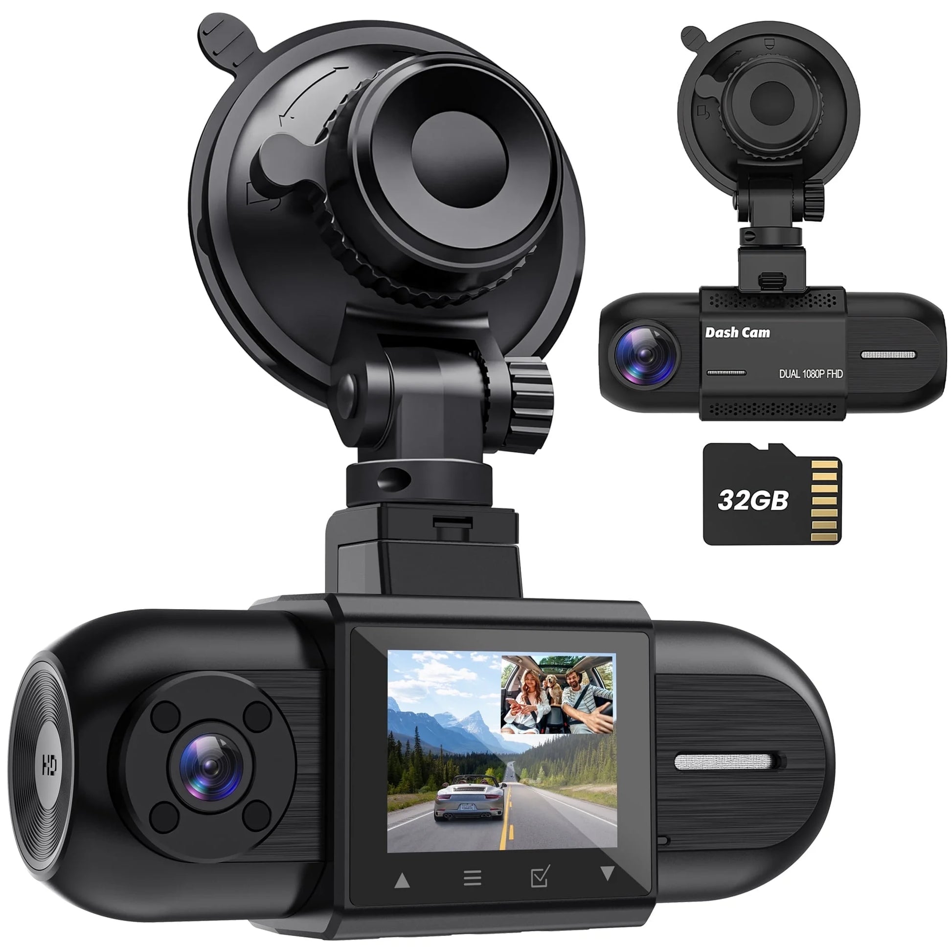 Dash Cam Front and Inside, 1080P FHD Car Camera with Rear IR Night Vision, Accident Lock, 24H Park Mode, G-Sensor, Included 32GB Card