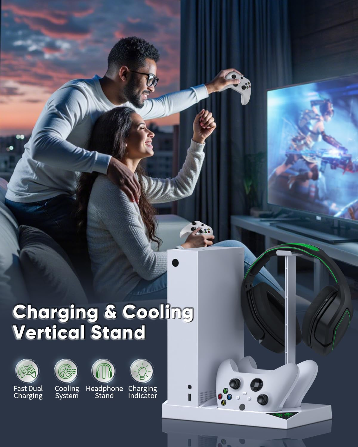 Charger Stand Cooling Fan for Xbox Series S Console/Controller,Dual Cooler System Charging Dock Accessories with 2*Rechargeable Battery,Earphone Mounts, Brackets&Stands for Xbox Series S Protectors